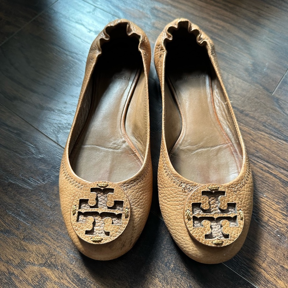 Tory Burch Reva Tumbled Leather Ballet Flats Brown Tan Womens Size 8